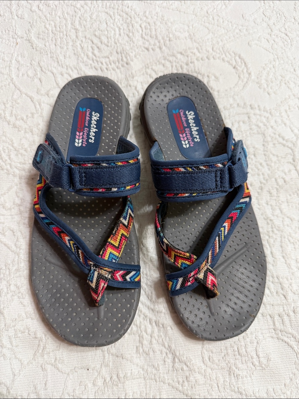 Skechers Outdoor Sandals Size 6 Navy Flip-Strap with Multicolor Chevron Straps